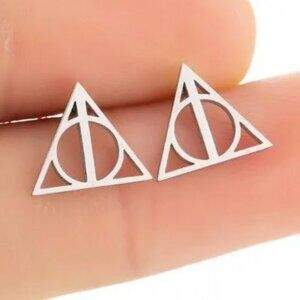Silver Deathly Hallows Triangle Stud Earrings